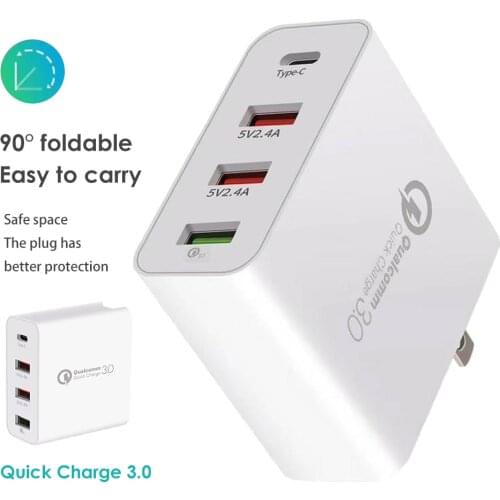 48W 4 Port Desktop Charger Travel Wall Adapter with Qualcomm Quick Charge 3.0 + Type-C + 2.4A PD USB Output