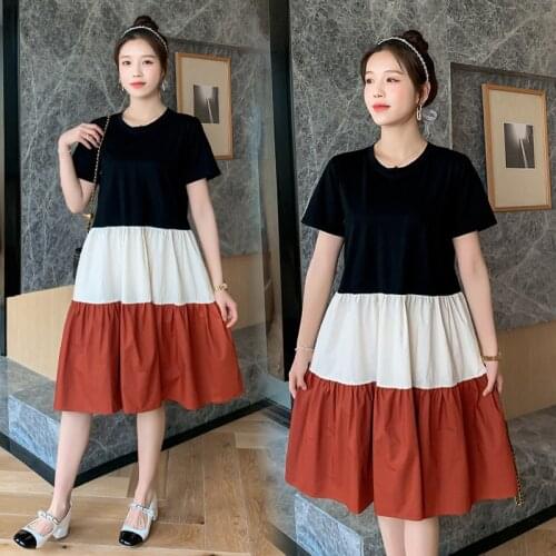 2021 New Summer Fashion Pregnant Women Breastfeeding Dress Loose Nursing Dress Block Color Cotton Patchwork Lactation Clothes