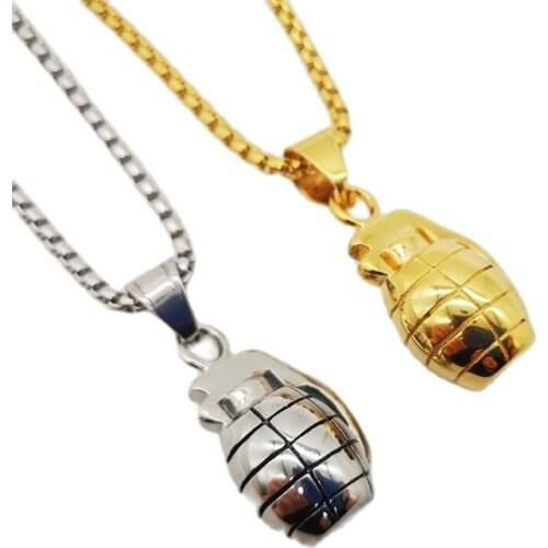 New Gold color Plated 316L Stainless steel solid grenades pendant necklace Military fan bombs necklace men jewelry CARA0526