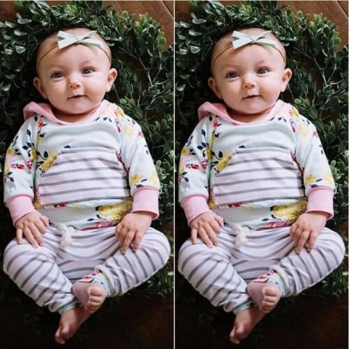 Newborn Toddler Baby Girls Autumn Clothes Set Long Sleeve Floral Hooded Sweatshirt Tops+ Striped Pants Outfits 0-3Y