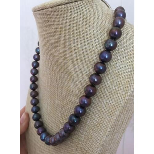 HUGE 11-12MM freshwater ROUND BLACK RED PEARL NECKLACE 18INCH 925silver