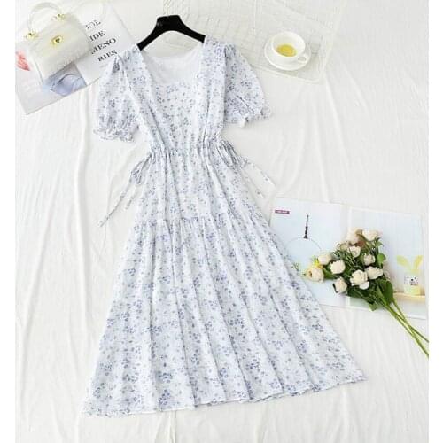 2021 New Summer Dress Vintage Floral Print Chiffon Midi Dress Sweet square collar Ruffle Women Puff Sleeve Elegant Dresses