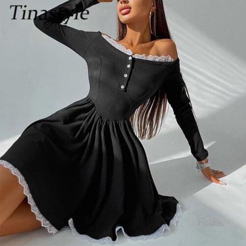 Tinastyle Lolita Princess Black Sexy Autumn Dress Women Off Shoulder Lace Patchwork Mini Party Dress Kawaii High Waist Dresses