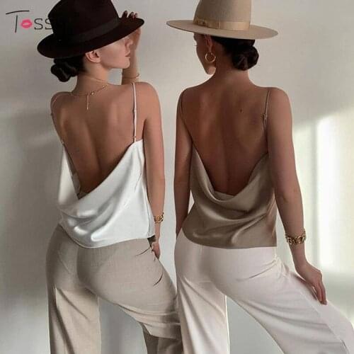 Tossy Sexy Satin Woman Camisole Spaghetti Strap Backless Tank Top Ladies White Vest High Street Cropped Sleeveless Basic Tops