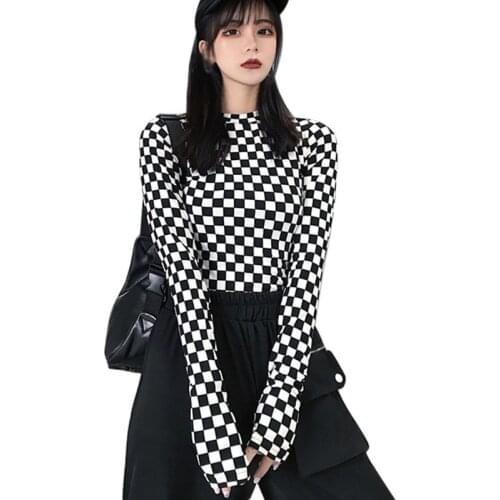 2020 Korean Stretch Long Sleeve Slimming Tops Small Plaid Bottom Shirt Long Sleeve T-shirt Top Womens Black And White Plaid