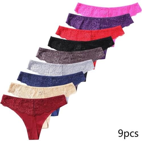 9PCS Womens Thong lace ice silk Stitching Panties Female Underwear Sexy Lingerie stretch plus size Thongs