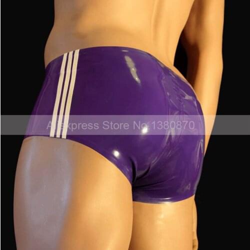 Handmade Three White Side Strips Purple Male Latex Rubber Boxer Short Latex Panties Plus Size Custom Made Briefs S-LPM126