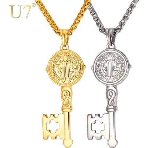 U7 Vintage Key Charm Necklace & Pendant For Men Gold Color 316L Stainless Steel Chain Saint Benedict Medal Key Jewelry P1010