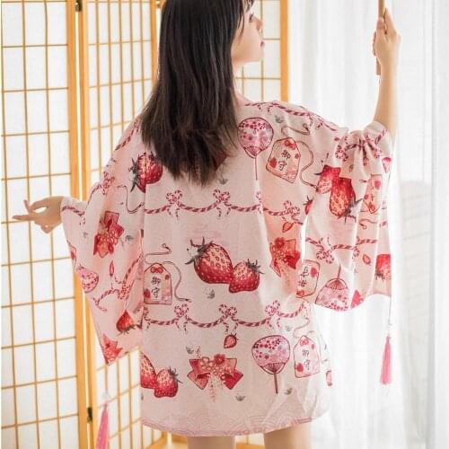 Japanese Vintage Kimono Cardigan Soft Girl Sweet Strawberry Tops Shirts Women Harajuku Kawaii Bathrobe Lolita Cosplay Uniform
