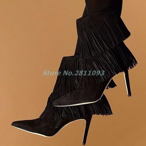 Suede Tassel Ankle Stiletto Heel Boots Sexy Pointed Toe Dress Runway Booties Zipper Fringe Solid Black Brown Rome Shoes