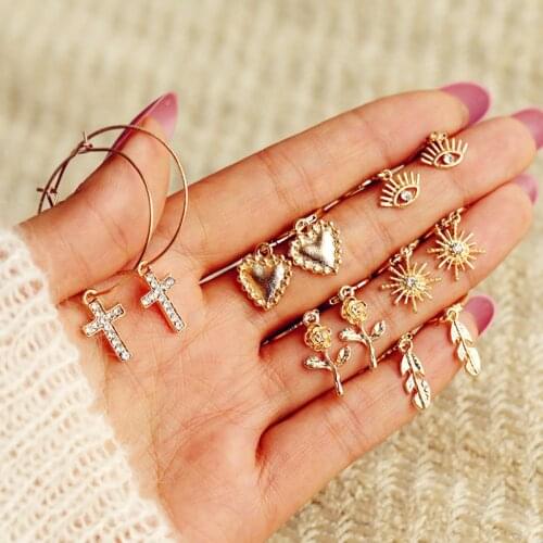 FNIO 2020 Women Earrings Set Vintage Gold Color Stud Earrings For Women Cross Flower Eyes Geometric Punk Earring Fashion Jewelry