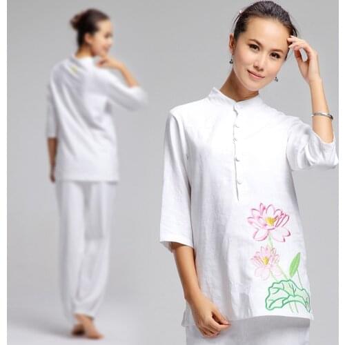 Women Yoga Tai Chi Kungfu Set Linen Loose Embroid Sweatshirt+pant Jogger Fitness Workout Csaual Meditation outfit Set Activewear
