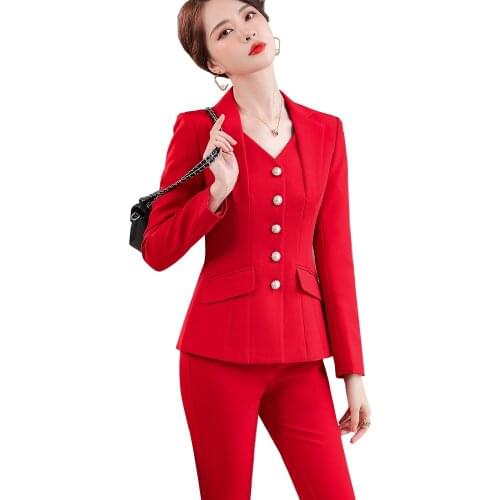 Fashion Design White Red Black Ladies Blazer Jacket And Pant Suit Trousers Women Female Formal Office Work 2 Piece Set