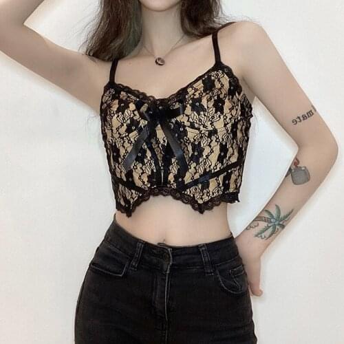 Lady Strapless Strap Bow Lace Patchwork Back Zipper Camisole Hip Hop Top Sexy Gothic Women Short Length Camis 2021 Summer Street