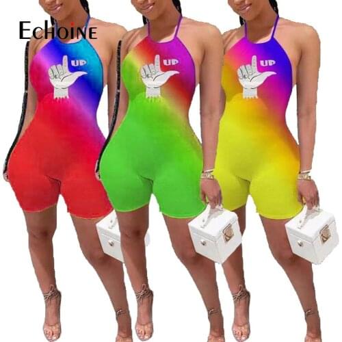 Echoine Gradient UP gestures Backless Rompers Women Sexy Bodycon Halter Neck Playsuit Skinny Summer Beach Party Overall Outfit