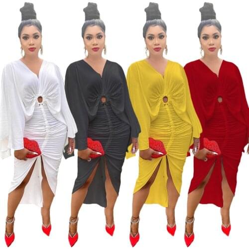 2021 New Arrival Fashion Style Women V-neck Solid Color Long Dress Woman Dress