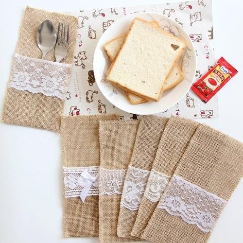 10Pcs Burlap Lace Cutlery Pouch Vintage Jute Hessian Wedding Decoration Party Birthday Tableware Supplies Knife Fork Holder Bags