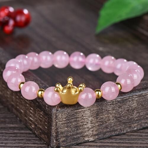 999 New Pure 24K Yellow Gold Bracelet 3D Elegant Crown & 3mm Lucky Beads Rose Quartz Beads Chain