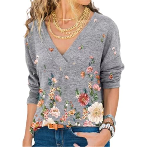 Elegant Floral Print V-Neck T-shirt Womens Casual Long Sleeve Top Spring Autumn Ladies Street Large Size Clothes Grey Blue Tee