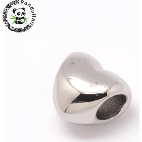 Heart 304 Stainless Steel European Large Hole Beads, Stainless Steel Color, 10x11.5x8mm, Hole: 5mm
