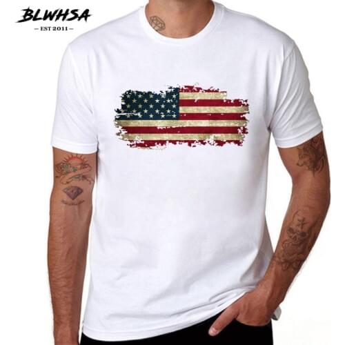 BLWHSA USA Flag T shirt Men America Fashion Short Sleeve 100% Cotton Cool T-shirts United States Flag Hip Hop Tops Tees