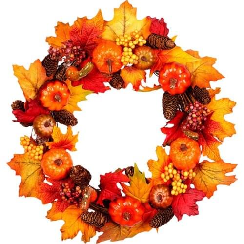 50cm Artificial Pumpkin Wreath Lifelike Durable Front Door Wreath Pendant For Thanksgiving Holidays Halloween Decoration