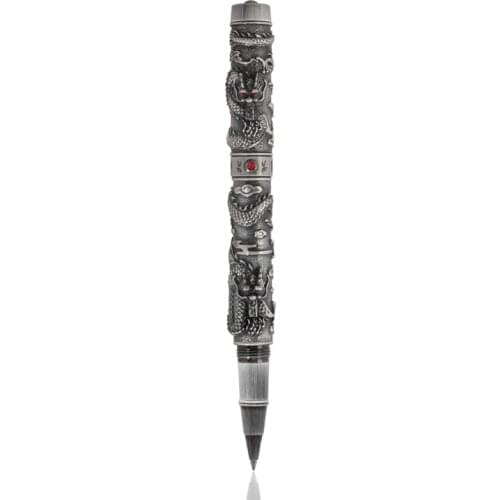 Jinhao Vintage Roller Ball Pen Double Dragon Playing Pearl Gray Metal Carving Embossing Heavy Pen For Best Writing Pens