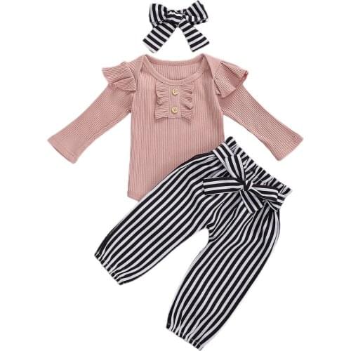 New Three Piece Baby Girl’s Clothes Fresh Solid Color Long Sleeve Jumpsuit and Stripe Floral Long Pants with Headband