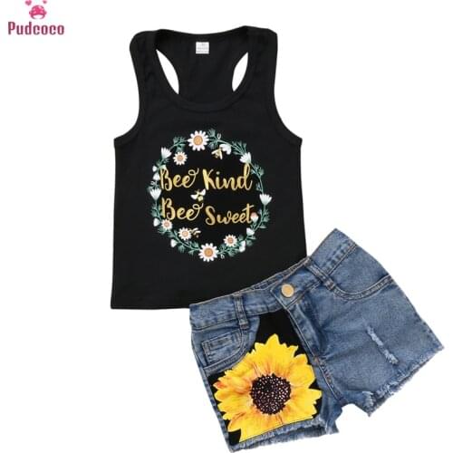 2 Pieces Toddler Kids Girls Summer Clothes Set Sleeveless Floral Crop Tops+Print Sunflower Ripped Jeans Denim Shorts Outfits