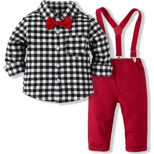 Autumn Baby Boy Clothing Set Infant Long Sleeve Plaid BowTie Shirt + Suspenders Trouser 4Pcs Infant Kids Gentleman Suit