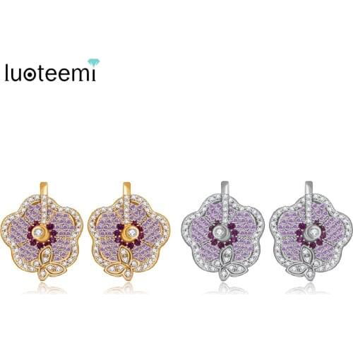 LUOTEEMI New Elegant Jewelry Micro Paved Purple Red Clear CZ Champagne White Gold-Color Flower and Butterfly Cute Stud Earrings