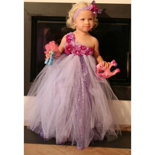 Lovely Girls Rose Flowers Long Tutu Dresses Kids Crochet Tulle Tutus Ball Gown with Headband Children Glitter Dress Party Tutus