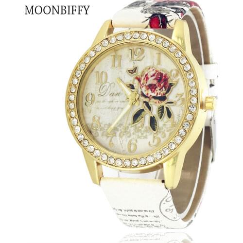 Fashion Women Print Rose Pattern Rhinestone Wrist Watch Casual Clock Quartz watch reloj mujer relogio feminino reloj hombre Ladi