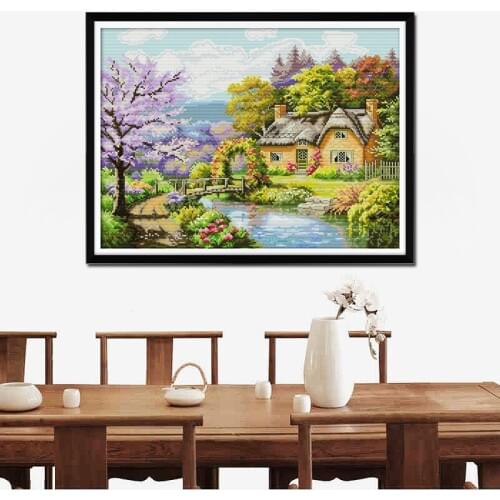 Riverside cottage beautiful cross stitch needlework kit fantasy rural style pattern 14CT handmade DIY embroidery kit decorative