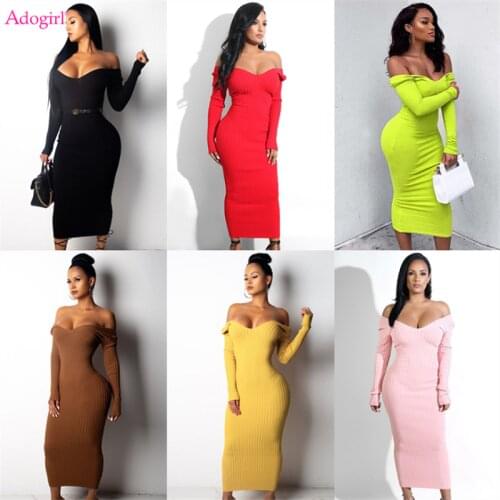 Adogirl 2021 Autumn Solid Knitted Sweater Midi Dress Sexy V Neck Off Shoulder Long Sleeve Bodycon Ribbed Casual Vestidos