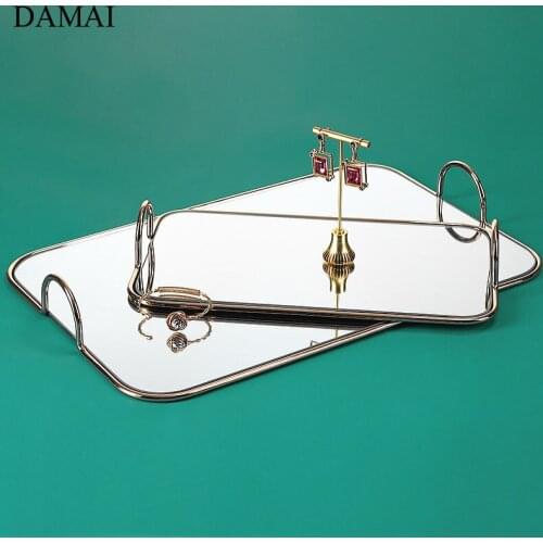 Nordic Golden Stroke Trays Decorative Metal Jewelry Necklace Display Glass Mirror Tray Cosmetic Perfume Storage Plate Home Decor