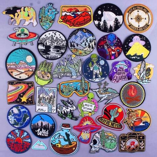 DIY Adventure Alien Space Iron On Embriodered Patches Fro Clothing UFO Outdoor Patch Mountain Travel Patches On Clothes Stickers
