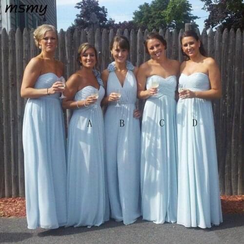 Sky Blue Chiffon Bridesmaid Dresses Mixed Styles For Country Western Weddings A Line Pleats Long Wedding Guest Party Gowns