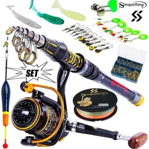 Sougayilang Telescopic Fishing Sea Rod Spinning Reel Fishing Baits Hooks Saltwater Freshwater Professional Fishing Rod Full Kits