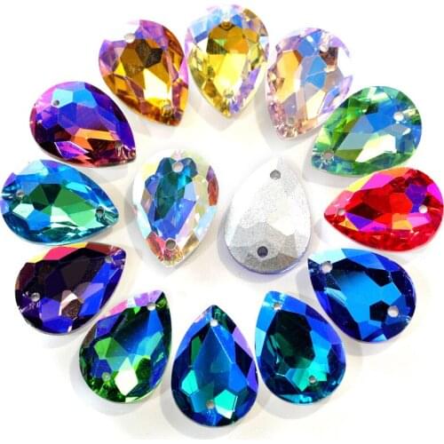 24pcs Crystal AB Colorful Sew On Rhinestones Pointback Teardrop Shape Glass Shiny sewing Stones for Wedding Dress DIY Bags B1135