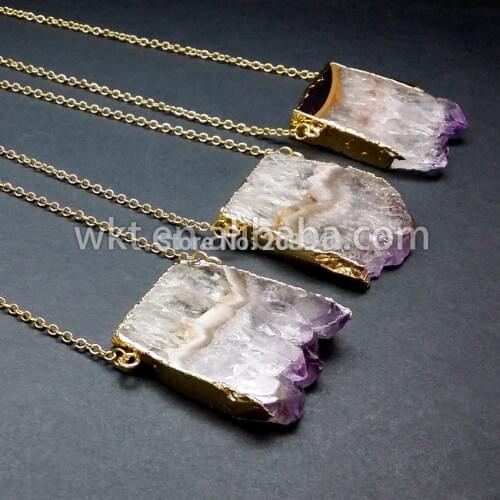WT-N121 WKT Wholesale natural slice druzy purple crystal necklace, unique quartz stone necklace with gold color on edged