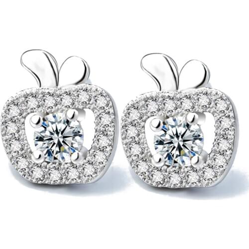 GNE1133 Hot Sale 100% Real 925 Sterling Silver Stud Earrings Sweet Apple Crystal Charming Earring, Fashion Jewelry For Women