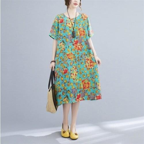Green Women Cotton Dress O-Neck Short Sleeve Loose Vestidos 2021 Summer Sweet Casual Soft Print Floral Dresses Mid-Calf Robes