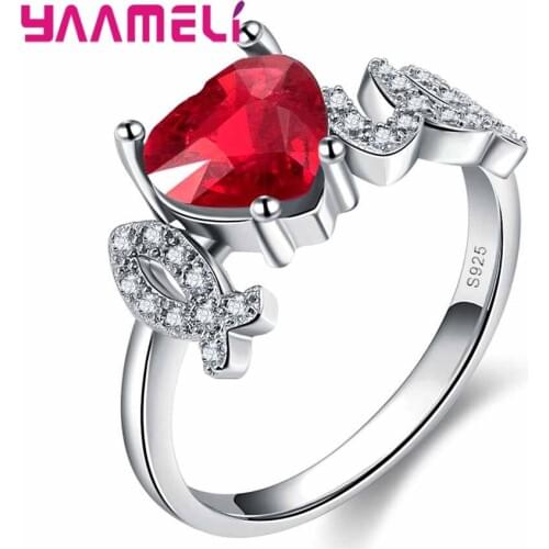 Luxury 925 Sterling Silver Heart Rings Bridal Wedding Accessories Red Cubic Zircon Crystal Engagement Jewelry for Women