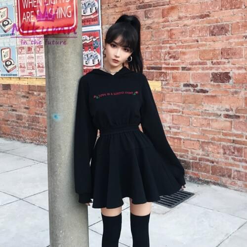 New Style Spring Autumn Women Mini Dress Rose Letter Embroidered Hooded Long sleeve Sexy Gothic Girls Black Dress
