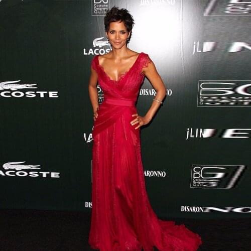 Backless Formal Celebrity Dresses A-line Deep V-neck Cap Sleeves Lace Sexy Long Evening Dresses Famous Red Carpet Dresses