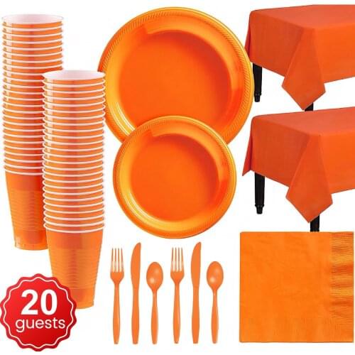 142pcs Solid Color For 20 People Orange Party Set Disposable Plastic Plate Cup Birthday Party wedding Decoration Baby Shower