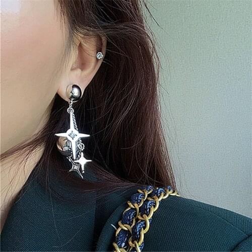AOMU S925 Hip Hop Rhinestone Hyperbole Cross Metal Ball Star Tassel Personality Drop Earring for Women Party Jewelry Gifts