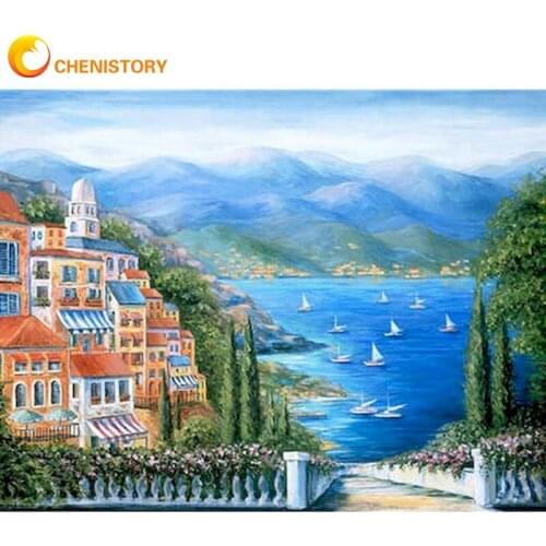 CHENISTORY 60x75cm Frame Oil Painting By Numbers For Adults Seaside Village Landscape Picture By Number Handmade Wall Art Crafts