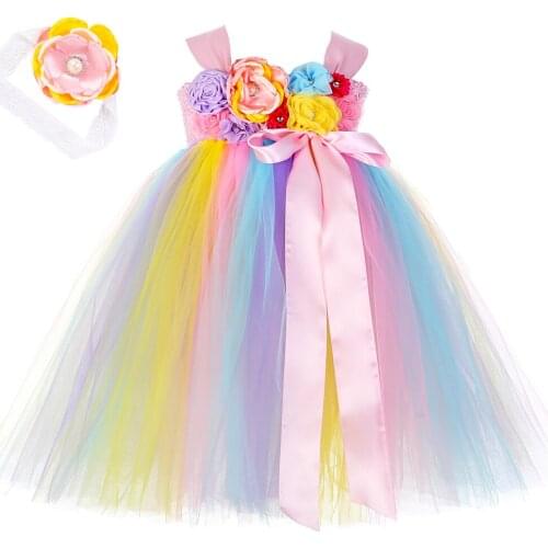 Pastel Rainbow Flower Girl Tutu Dress with Headband Princess Pageant Gown Kids Wedding Party Girls Dress Cute Unicorn Costume